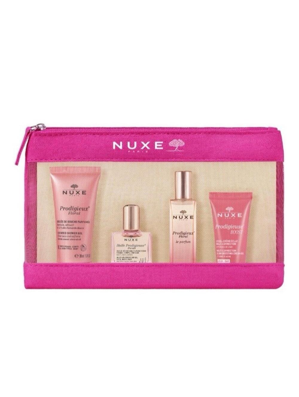 Nuxe Prodigieux Floral Travel Kit 4 Pc Pink Pouch Shower Gel Oil Perfume Cream